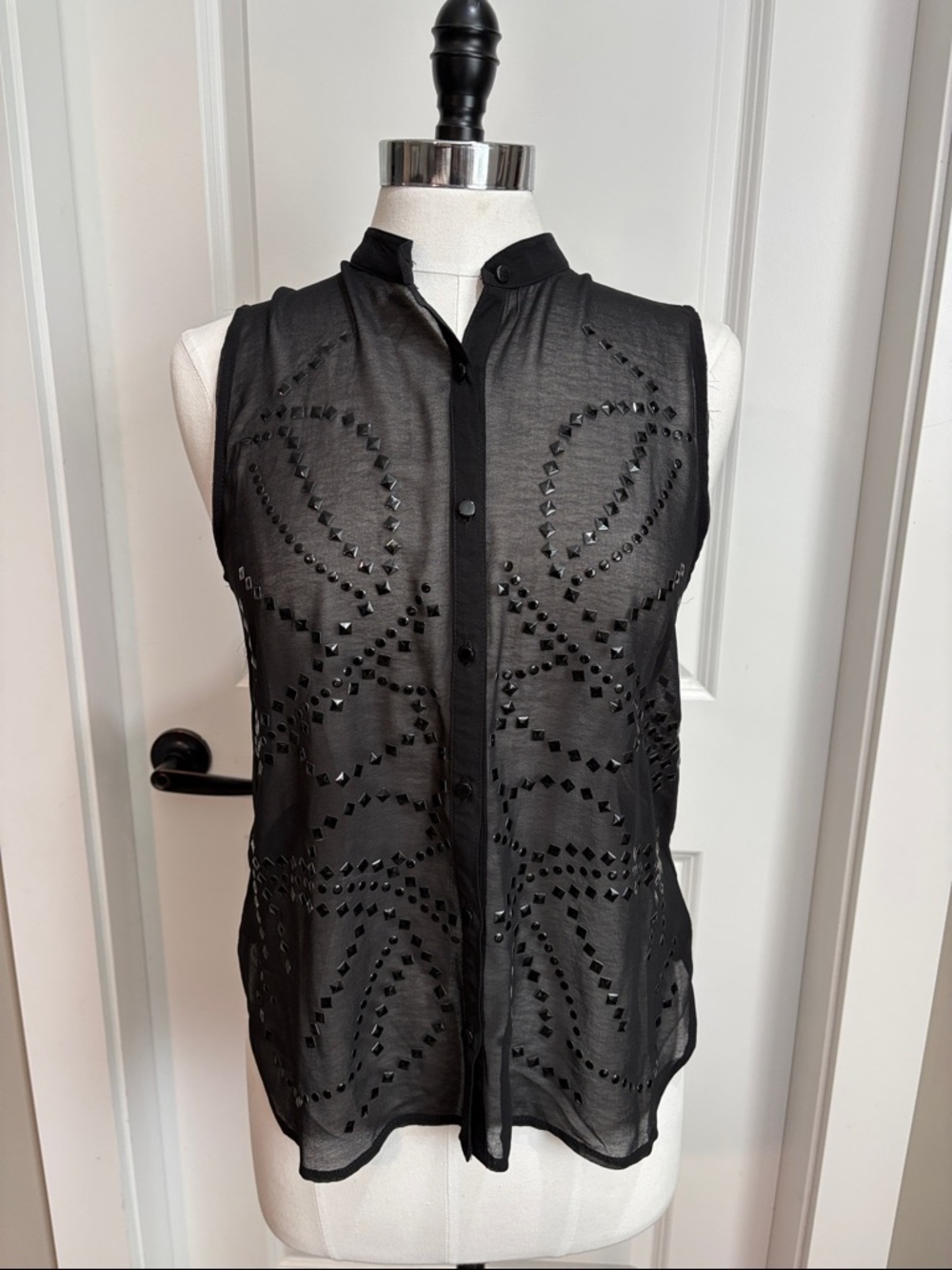Sans Souci Black Sleeveless Studded Sheer Button-Front Top